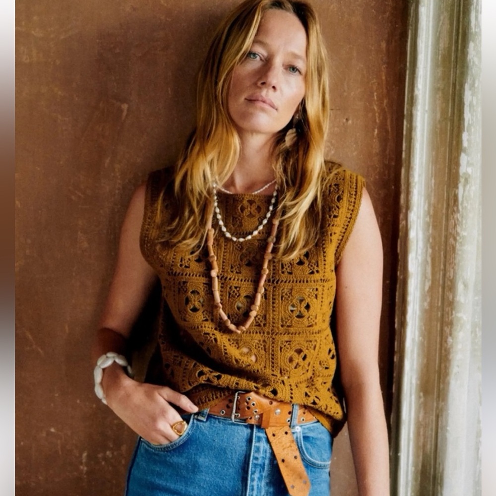 Sezane Tan Crochet Crop Top